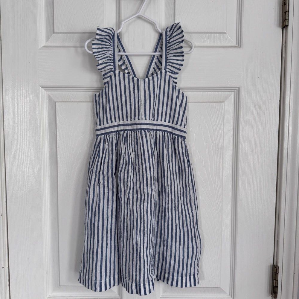 GAP Blue and White Striped Ruffle-Shoulder Dress